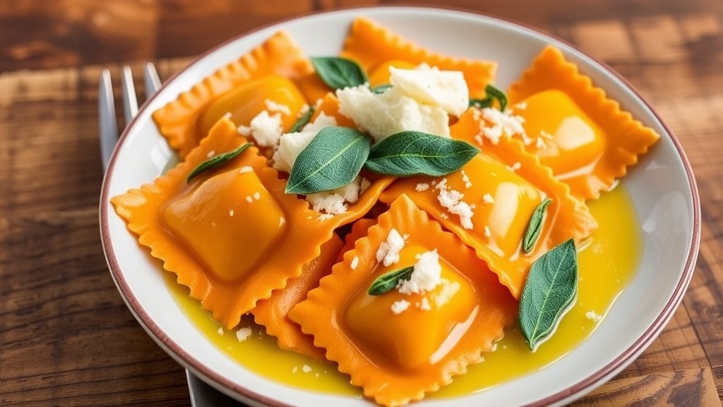 Plate of pumpkin ravioli in sage butter sauce, garnished with sage and Parmesan.